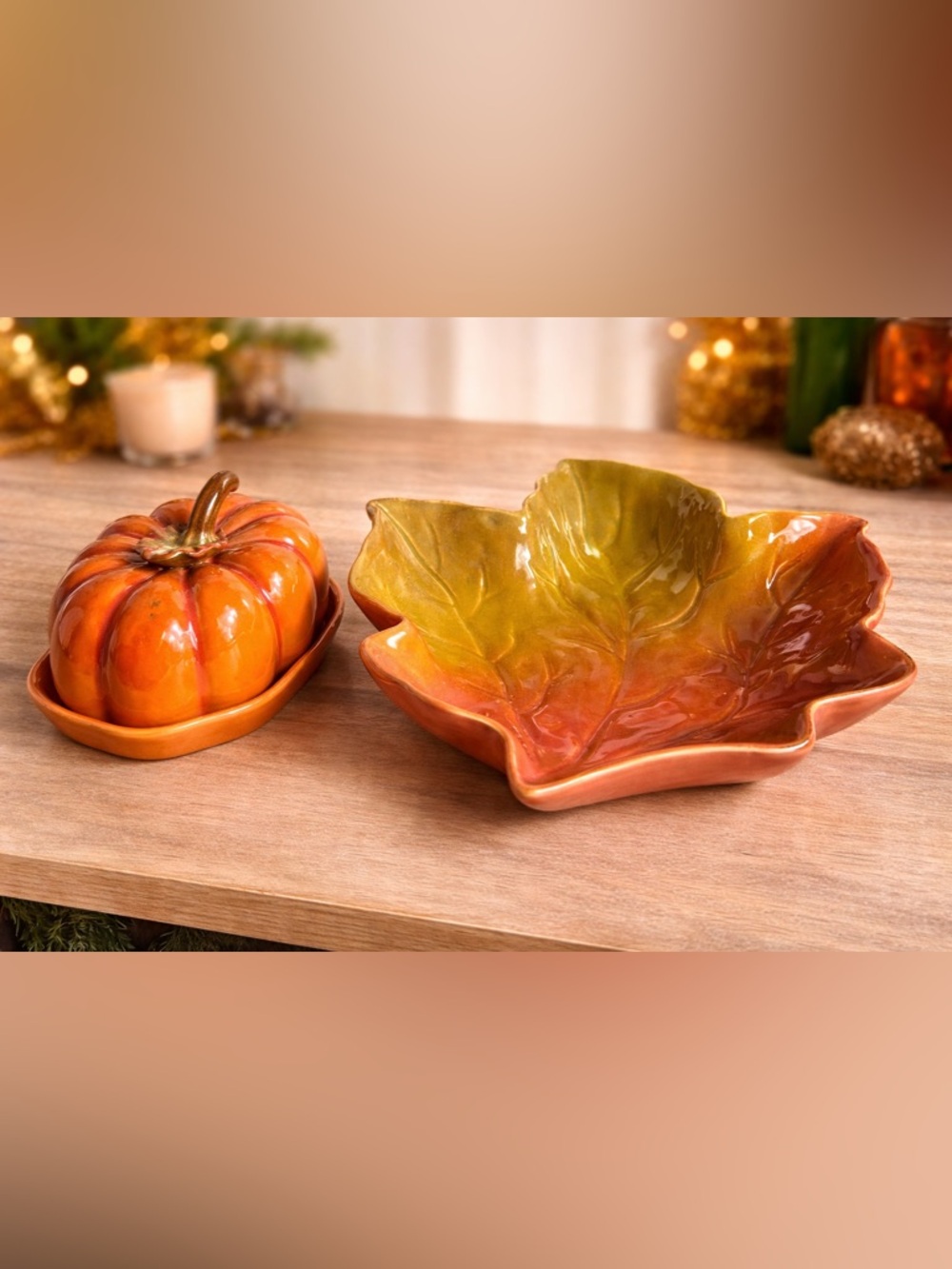 Leaf-Shaped Ceramic Serving Bowl in Autumn Orange and Olive